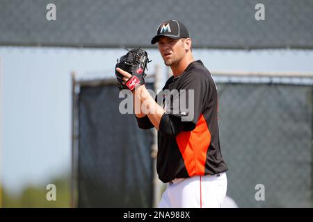 Miami Marlins pitcher Josh Johnson delivers the first pitch against the St.  Louis Cardinals at the new Miami Marlins Ball Park on opening day April 4,  2012, in Miami, Florida. The Cardinals