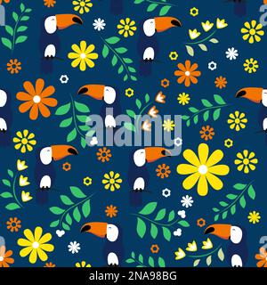 Seamless summer pattern with jungle bird, flower, leaves. Tropical toucan texture. Stock Vector