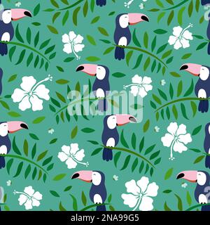 Exotic bird toucan, leaves and flowers. Cute seamless pattern. Stock Vector
