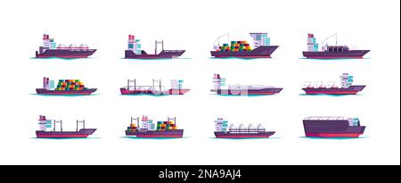 Freight ships collection. Cartoon cargo vessels, flat nautical shipping freighter boats carrying containers, commercial sea ocean transport. Vector isolated set. Import and export of goods Stock Vector