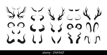 Horn silhouettes. Black pairs of animal antlers different shapes, wildlife hunting trophy elements, horned mammal decoration. Vector isolated set. Curled big and small horns of various forms Stock Vector