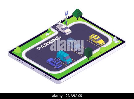 Isometric parking. City cars in parking lot, flat automobile icons on reserved place, urban auto traffic, carsharing carpooling concept. Vector illustration. Tablet with application for parking Stock Vector
