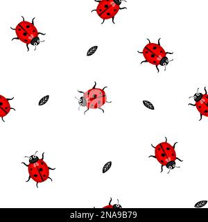 Ladybugs spring seamless vector pattern. Red beetles with leaves Stock Vector