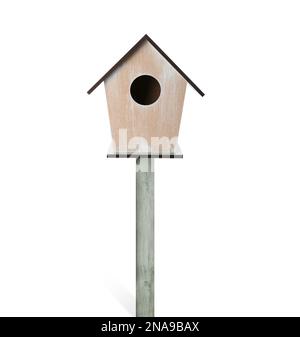 Beautiful wooden bird box isolated on white Stock Photo