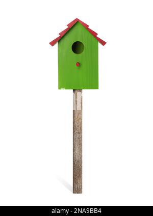 Beautiful wooden bird box isolated on white Stock Photo