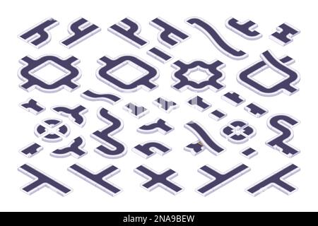 Isometric highway constructor. Curve straight crossing road segments, way winding and crossing route paths for city transport map. Vector set. Asphalt isolated parts for vehicle driving Stock Vector