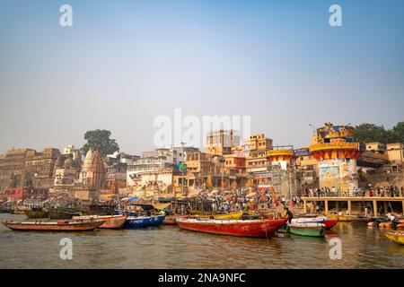 Varanasi ghats on the banks of the Ganges; Varanasi, Uttar Pradesh, India Stock Photo