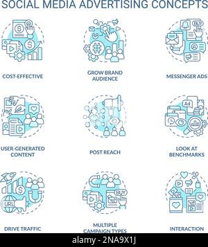 Social media advertising turquoise concept icons set Stock Vector