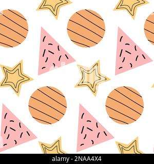 Seamless abstract colorful doodle geometric shapes. Triangles, stars, circles with line art. Stock Vector