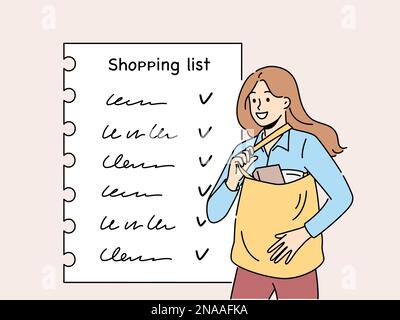 Smiling woman with shopping list doing groceries. Happy female with bag full of products check items in buying plan on paper. Vector illustration.  Stock Vector
