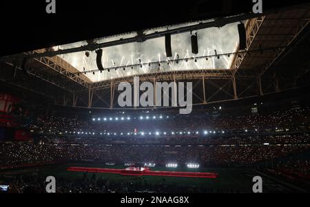 Glendale, United States. 12th Feb, 2023. Rihanna performs at half time during Super Bowl LVII between the Philadelphia Eagles and the Kansas City Chiefs at State Farm Stadium in Glendale, Arizona on Sunday, February 12, 2023. Photo by Aaron Josefczyk/UPI. Credit: UPI/Alamy Live News Stock Photo