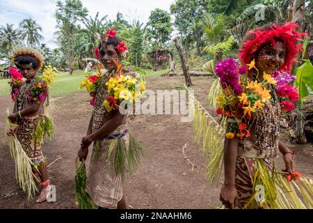 Village girls in tapa bark cloth dresses preparing to perform traditional sing sing Melanesian tribal dance in Natade Village in the Tufi Fjords of Ca Stock Photo