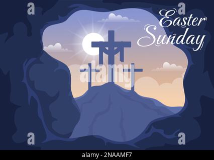 Happy Easter Sunday Day Illustration with Jesus, He is Risen and Celebration of Resurrection for Web Banner or Landing Page in Hand Drawn Templates Stock Vector