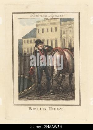 Brick-dust seller with donkey in Portman Square. In top hat, jacket, waistcoat, and breeches, with sack of brick dust used for knife-cleaning. In the background, houses of Blue Stockings Society salonist Lady Elizabeth Montagu, the Duke of Athol and Hamilton Nesbitt. Handcoloured copperplate engraving by Edward Edwards after an illustration by William Marshall Craig from Description of the Plates Representing the Itinerant Traders of London, Richard Phillips, No. 71 St Paul’s Churchyard, London, 1805. Stock Photo