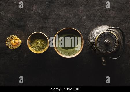 Matcha Making Process Matcha green tea making process. Still life with Japanese organic ...