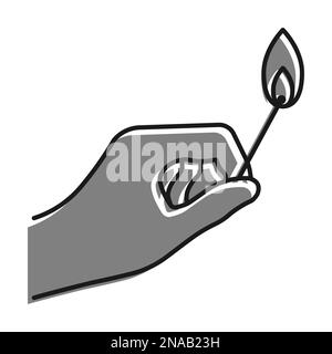 Linear filled with gray color icon. Man Hand Holds Burning Match. Careful Handling Of Fire. Simple black and white vector Isolated On white background Stock Vector