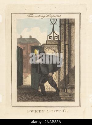Boy chimney sweep selling soot in front of the Foundling Hospital. The child sweep in black cap with brass plate indicating his employer, sack of soot, sold as manure. In front of the Foundling Hospital, a charity established in the 18th century for orphans. Handcoloured copperplate engraving by Edward Edwards after an illustration by William Marshall Craig from Description of the Plates Representing the Itinerant Traders of London, Richard Phillips, No. 71 St Paul’s Churchyard, London, 1805. Stock Photo