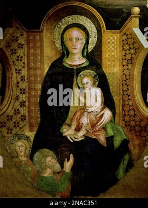 Arezzo school, Madonna enthroned, 14th-15th century, Fine Art Museum,  Arezzo, Italy, Italian, detached Fresco Stock Photo