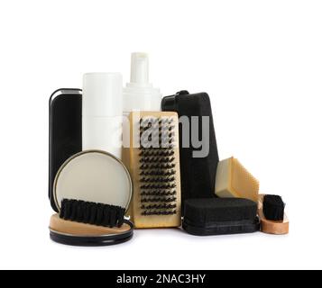 Set of shoe care products on white background Stock Photo