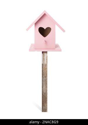 Beautiful wooden bird box isolated on white Stock Photo