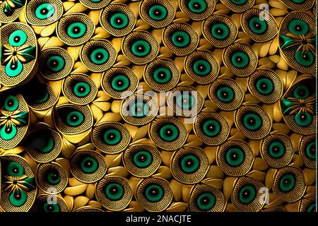 Luxury, geometric textures in gold and green or jade or jasper, pieces of jewelry made with parametric designs Stock Photo