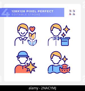 Male archetypes pixel perfect RGB color icons set Stock Vector