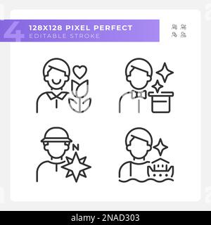 Male archetypes pixel perfect linear icons set Stock Vector