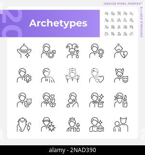 Character archetypes pixel perfect linear icons set Stock Vector