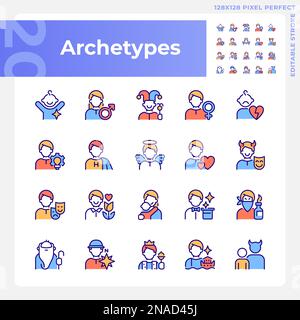 Character archetypes pixel perfect RGB color icons set Stock Vector