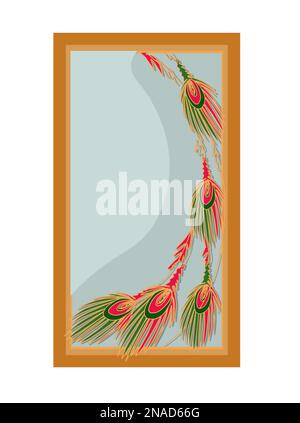 mirror in art deco style. Art Nouveau style. Vertical mirror with peacock feathers. Fashion style sticker. Stock Vector