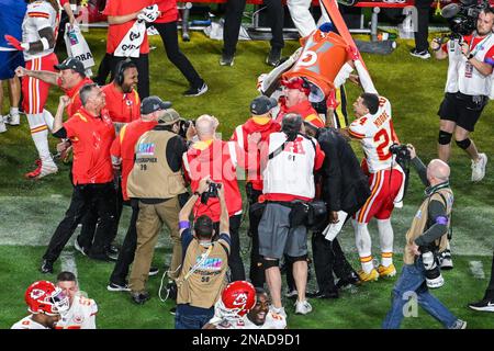 Kansas City Chiefs, Head Coach Andy Reid, celebrates with his team following Super Bowl LVII, between Kansas City Chiefs and Philadelphia Eagles, held at State Farm Stadium in Glendale. Picture date: Sunday February 12, 2023. Stock Photo
