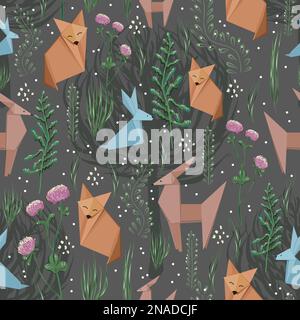 Seamless origami pattern. Paper animals. Modern seamless craft paper ornament.Colorful children's pattern with animals.Endless design Stock Vector