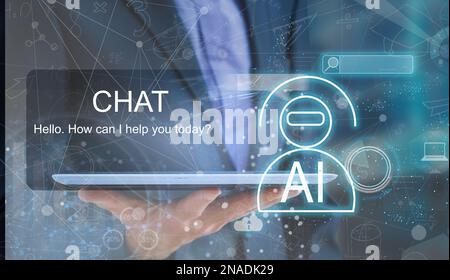 Businessman using chatbot in smartphone intelligence Ai. Chat with AI Artificial Intelligence, developed by OpenAI generate. Futuristic technology Stock Photo