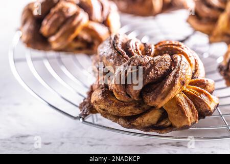 Freshly baked, caramel-cinnamon buns on the kitchen grill. Stock Photo