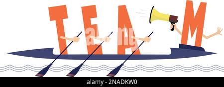 Funny concept inscription team illustration.  Letters T, E, A with oars and M with megaphone rides on kayak. Isolated on white illustration Stock Vector