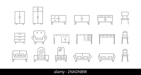 A set of flat furniture icons for websites and applications. Empty outline, flat style Stock Vector
