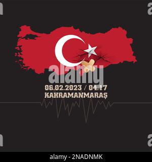Earthquake shocks atural disaster in Kahramanmaras, map and flag of Turkiye with cracks and adhesive plaster. Stock Vector