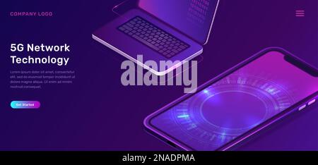 5G network technology, isometric concept vector illustration. Open laptop, mobile phone screen with glowing neon digital circle isolated on ultraviolet background. High speed internet web page Stock Vector