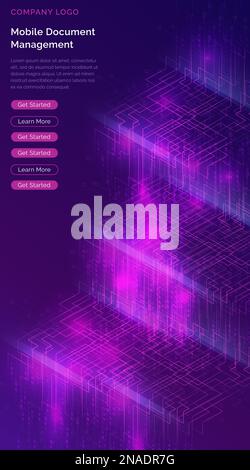 Big data waterfall or cascade, digital binary code data flow analysis visualization, isometric vector illustration. Ultraviolet vertical banner with streams of numbers, landing page template. Stock Vector