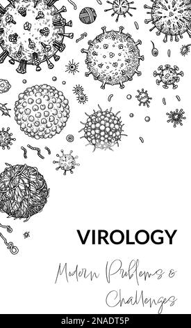 Virus vertical background in sketch style. Hand drawn bacteria, germ, microorganism. Microbiology scientific design. Vector illustration in sketch sty Stock Vector