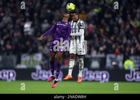 Christian Kouame of ACF Fiorentina and Alex Sandro of Juventus FC compete  for the ball during the Serie A football match between Juventus FC and ACF  Stock Photo - Alamy