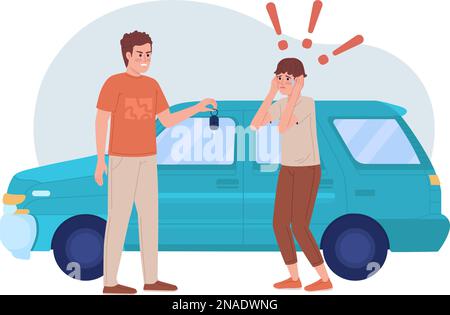 Teen scared of driving 2D vector isolated illustration Stock Vector