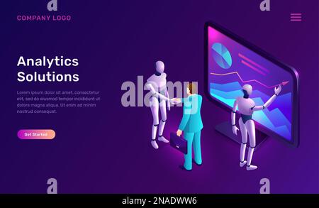 Data analysis or analytics solutions, isometric concept vector illustration. Two artificial intelligence robots or cyborgs analyze information on tablet screen with graphs, diagrams, future technology Stock Vector