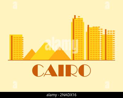 Cairo landscape in vintage style. Retro banner of Cairo with ancient Egyptian pyramids and houses in linear style. Design for print, posters and promo Stock Vector