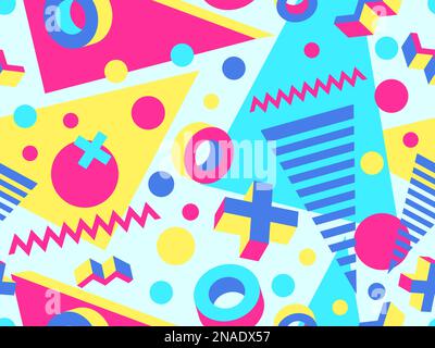 Geometric seamless pattern with 3d shapes in 80s memphis style. Isometric 3D geometric shapes in different colors. Design for printing on paper, banne Stock Vector
