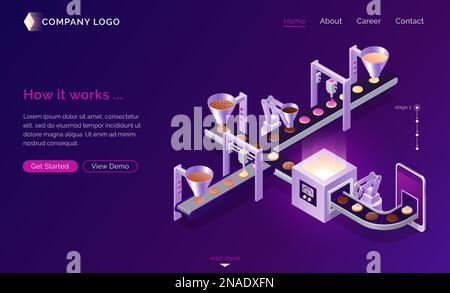 Server cookies technology, isometric concept vector illustration. Conveyor belt with cookies and user device, mobile phone, tablet. Modern web spy technology using browser Stock Vector