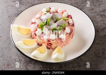 Delicious vegetable salad with herring, beetroot, apple, potato and onion close-up in a plate on the table. Horizontal Stock Photo