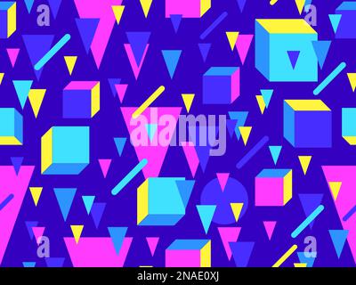 Geometric seamless pattern with 3d shapes in 80s memphis style. Isometric 3D geometric shapes in different colors. Design for printing on paper, banne Stock Vector