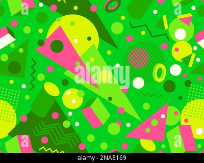 Geometric seamless pattern with 3d shapes in 80s memphis style. Isometric 3D geometric shapes in different colors. Design for printing on paper, banne Stock Vector
