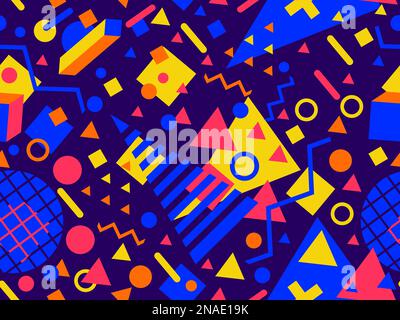 Geometric seamless pattern with 3d shapes in 80s memphis style. Isometric 3D geometric shapes in different colors. Design for printing on paper, banne Stock Vector